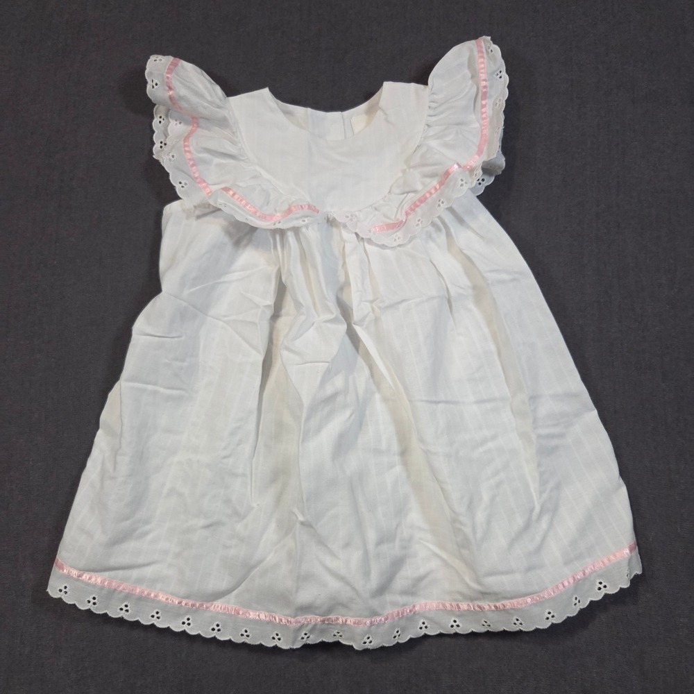 Isabella Dress Baby Girls White Pink Eyelet Lace Ruffle Tonal Stripe Vintage